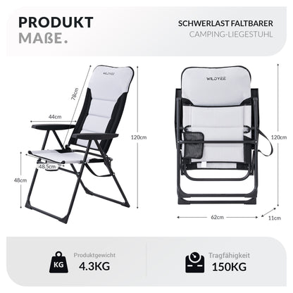 2er Set Campingstuhl Faltbar 7 Positionen Verstellbarer 150kg Belastbar | Aluminiumrahmen, 600D Polyester| Hohe Rückenlehne | leicht & tragbar | Für Camping, Strand, Angeln, Garten, Wohnmobil&Balkon